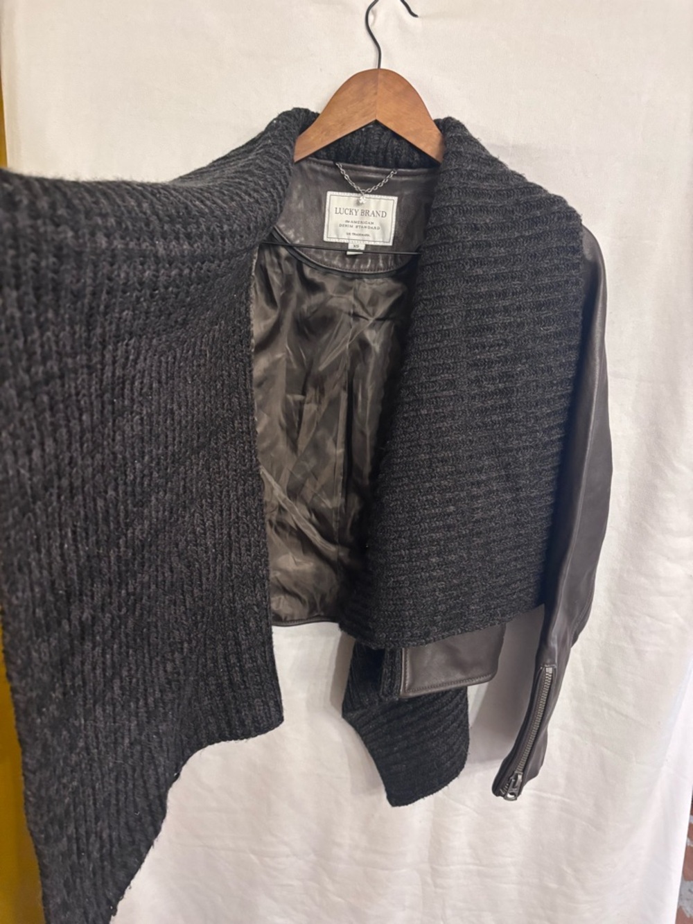 Lucky Brand Genuine Leather Sleeve Knit Drape Jacket XS Moto Boho Luxe